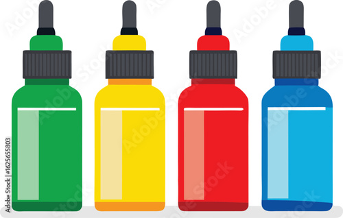 Four colorful ink bottles silhouette isolated on transparent background