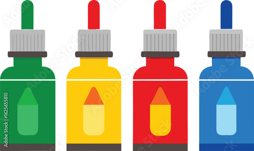 Four colorful dropper bottles silhouette isolated on transparent background