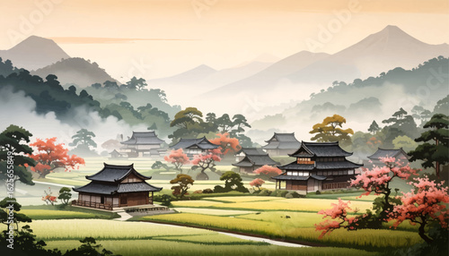 Serenity of rural life in the misty mountains. Rural homes in peaceful watercolor mountain scene. Mountain village landscape in foggy watercolor view. Peaceful Japanese village surrounded by mountains