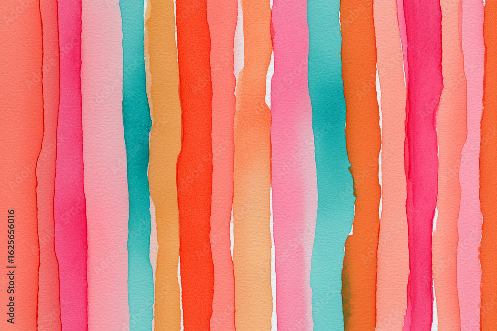 Naklejka premium A vivid and playful abstract watercolor painting of vertical stripes in warm, vibrant colors with subtle bleeding edges. Ideal for themes of art, creativity, and cheerful backgrounds.