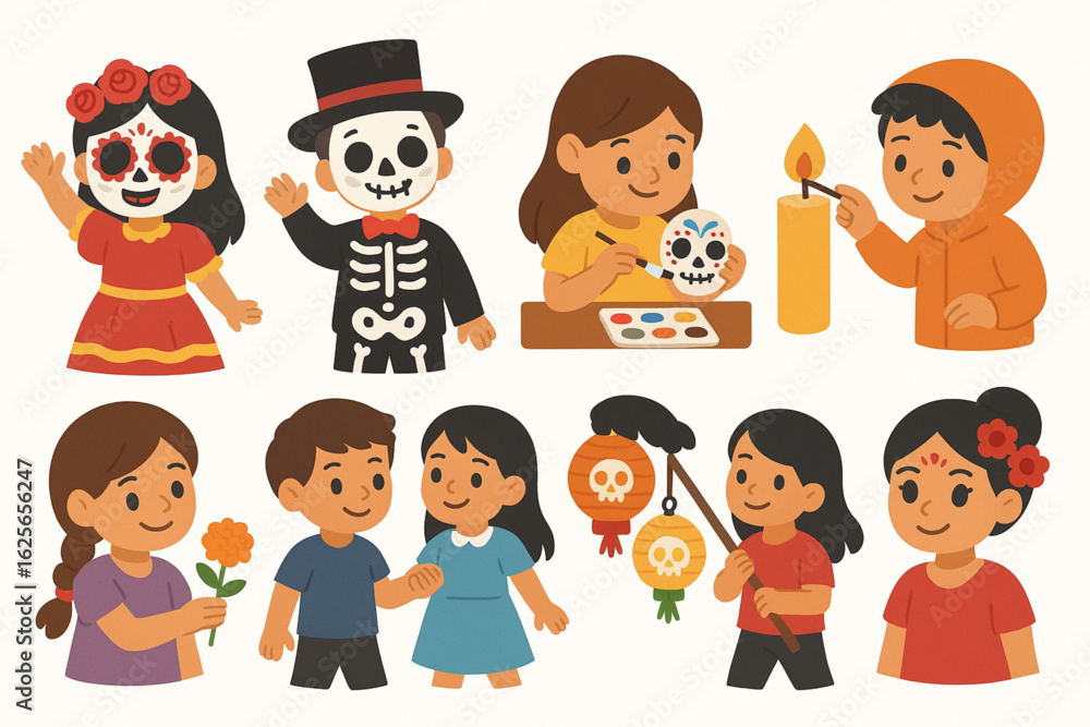Día de Muertos Children Celebrating Coloring Icons, Flat Vector Set Día de Muertos Children Celebrating Coloring Icons, Flat Vector Set