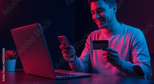 Smiling Man Making Online Payment with Credit Card and Smartphone