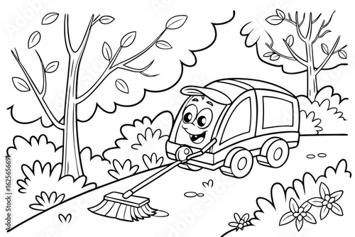 Vector Cartoon funny Road Sweeper, funny image in the forest, Coloring book page for children. Line Art isolated on white background