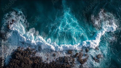 Coastal Waves in the Aerial: An aerial view of the ocean's waves crashing against rugged, dark rocks creates a dynamic contrast and highlights the raw power of nature.