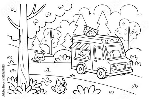 Vector Cartoon funny Street Food Van, funny image in the forest, Coloring book page for children. Line Art isolated on white background