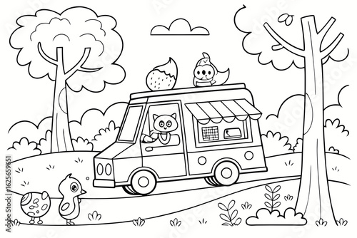 Vector Cartoon funny Street Food Van, funny image in the forest, Coloring book page for children. Line Art isolated on white background
