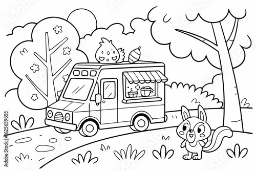 Vector Cartoon funny Street Food Van, funny image in the forest, Coloring book page for children. Line Art isolated on white background