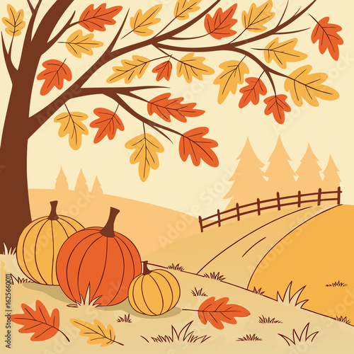 Illustration of a tree with autumn leaves pumpkins and a fence in a fall landscape scene drawing