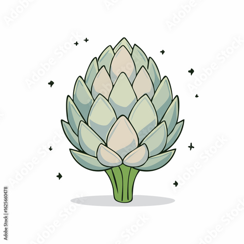 Stylized Artichoke Illustration on a White Background with Decorative Shapes Around it