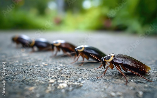 Four roaches in a line on a gray path