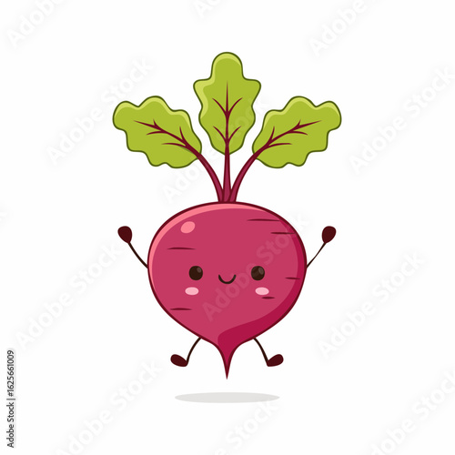 Adorable Beetroot Cartoon Character with Smiling Face and Green Leaves Isolated on White