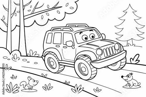 Vector Cartoon funny SUV, funny image in the forest, Coloring book page for children. Line Art isolated on white background