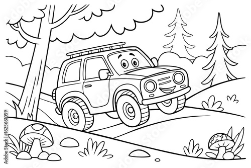 Vector Cartoon funny SUV, funny image in the forest, Coloring book page for children. Line Art isolated on white background
