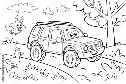Vector Cartoon funny SUV, funny image in the forest, Coloring book page for children. Line Art isolated on white background