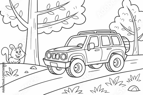 Vector Cartoon funny SUV, funny image in the forest, Coloring book page for children. Line Art isolated on white background