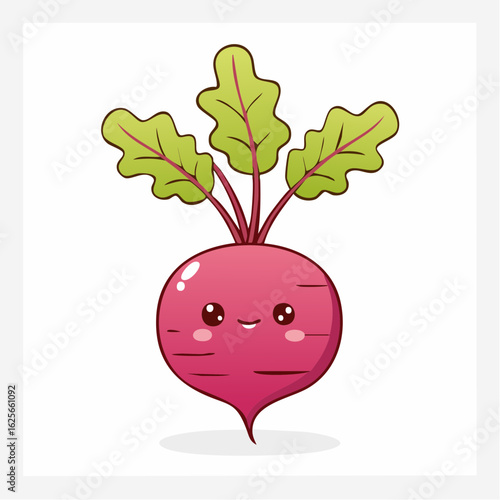 A cute beetroot cartoon character with a happy expression, standing against a white background