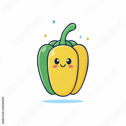 Whimsical Yellow and Green Bell Pepper Character with Sparkles on a White Background