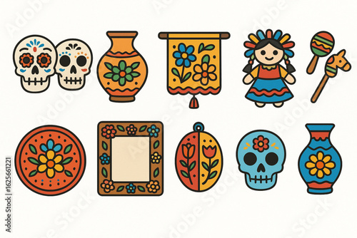 Día de Muertos Traditional Crafts Coloring Icons, Flat Vector Set