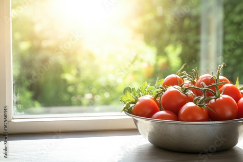 Fresh tomatoes in bowl by window