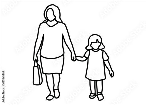Artistic single line drawing depicting a mother and daughter enjoying a walk together in a minimalist style