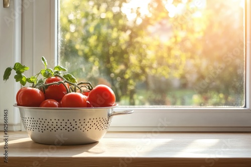 Fresh tomatoes in colander on windowsill