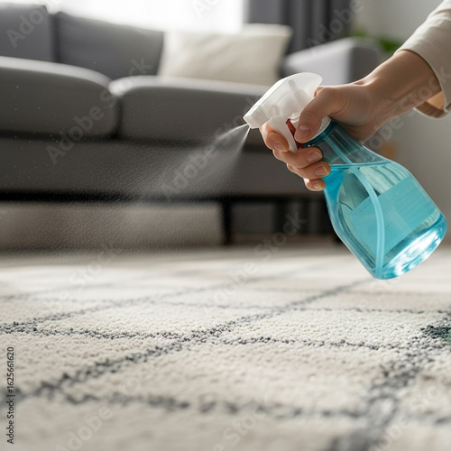 Person spraying carpet with cleaning solution for stain removal
