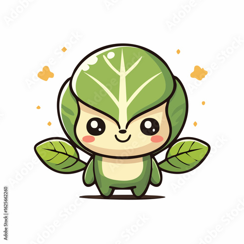 Adorable Brussels Sprout Character with Cute Eyes and Leafy Head Illustration