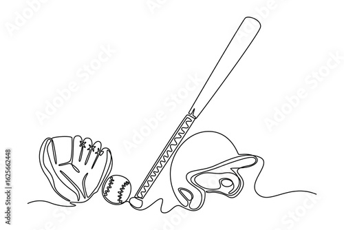Single continuous line drawing baseball bat, batting helmet, ball and catcher's mitt on white background. Professional baseball gear equipment. Dynamic one line draw graphic design vector illustration
