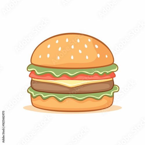 Cartoon depiction of a delicious burger with fresh ingredients against white background