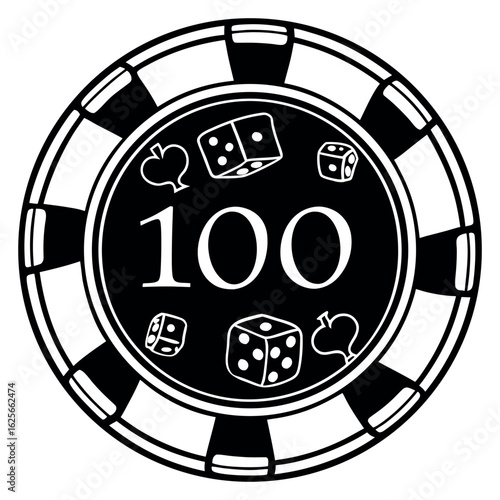 A black and white one hundred chip displays suit symbols and dice outline