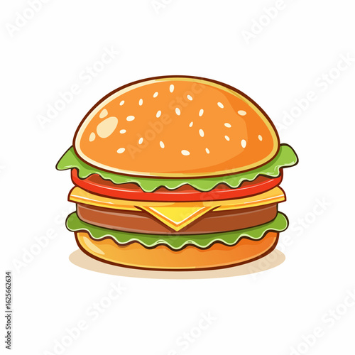 Cartoon hamburger illustration featuring fresh ingredients and colorful design elements on white background