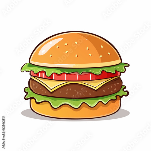 Delicious Cartoon Burger Illustration with Fresh Ingredients and Vibrant Colors