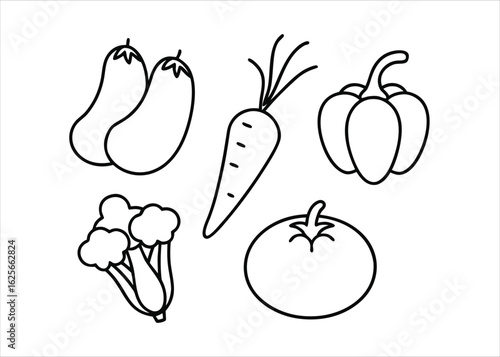 Collection of healthy natural food produce outline graphics featuring various fresh vegetables and fruits for culinary and wellness projects