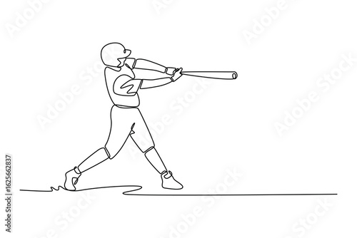 Single one line drawing baseball male player hit the ball on exercise ground in stadium. Softball athlete swing the bat. USA game for training. Continuous line draw design graphic vector illustration