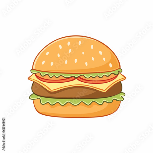 Delicious cartoon style burger illustration with fresh ingredients on white background