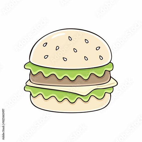 Cartoon-style burger illustration featuring fresh ingredients and sesame seed bun