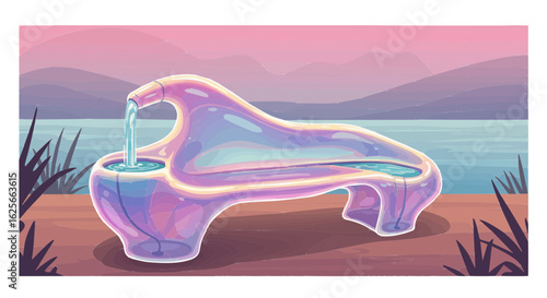 Home furniture abstract water feature sculpture art installation by lake with pastel sky landscape background art vector