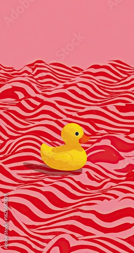 Yellow rubber duck on a vibrant red and pink striped wavy background