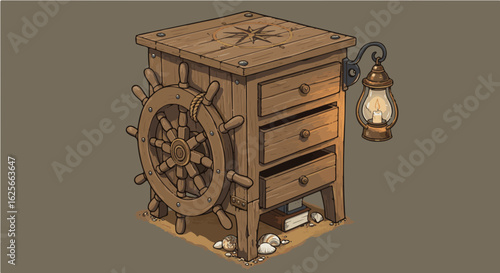 Home furniture explore nautical themed wooden dresser with ship wheel and lantern for coastal home decor and storage solutions vector