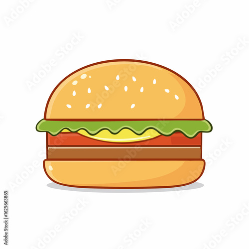Delicious Burger Cartoon Illustration with Fresh Ingredients and Vibrant Colors on White Background