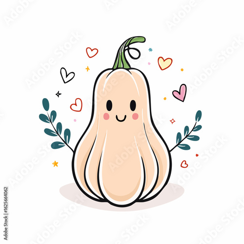Adorable pumpkin character illustration with hearts and foliage in cartoon style