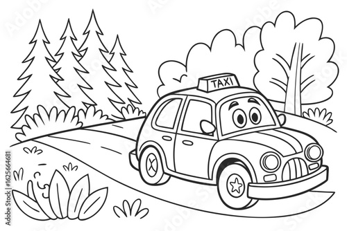 Vector Cartoon funny Taxi, funny image in the forest, Coloring book page for children. Line Art isolated on white background