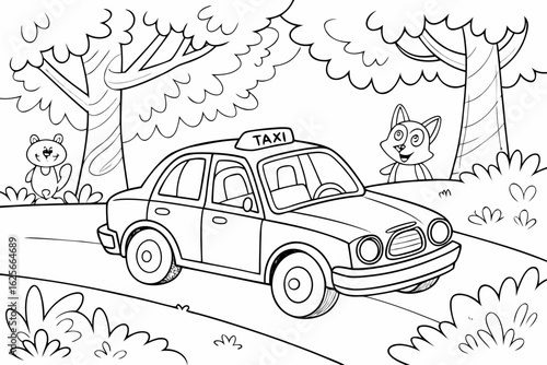 Vector Cartoon funny Taxi, funny image in the forest, Coloring book page for children. Line Art isolated on white background