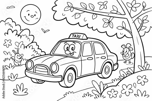 Vector Cartoon funny Taxi, funny image in the forest, Coloring book page for children. Line Art isolated on white background