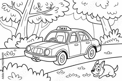 Vector Cartoon funny Taxi, funny image in the forest, Coloring book page for children. Line Art isolated on white background