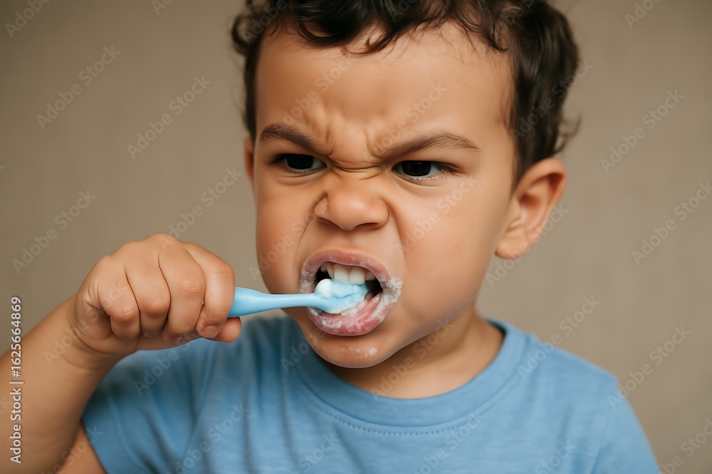 determined child brushing teeth with blue toothbrush, close up of child practicing dental hygiene, focused on brushing, healthy dental habits, dental care background determined child brushing teeth with blue toothbrush, close up of child practicing dental hygiene, focused on brushing, healthy dental habits, dental care background