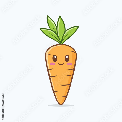 Cute Cartoon Carrot Character with Smiling Face and Green Leaves on a White Background
