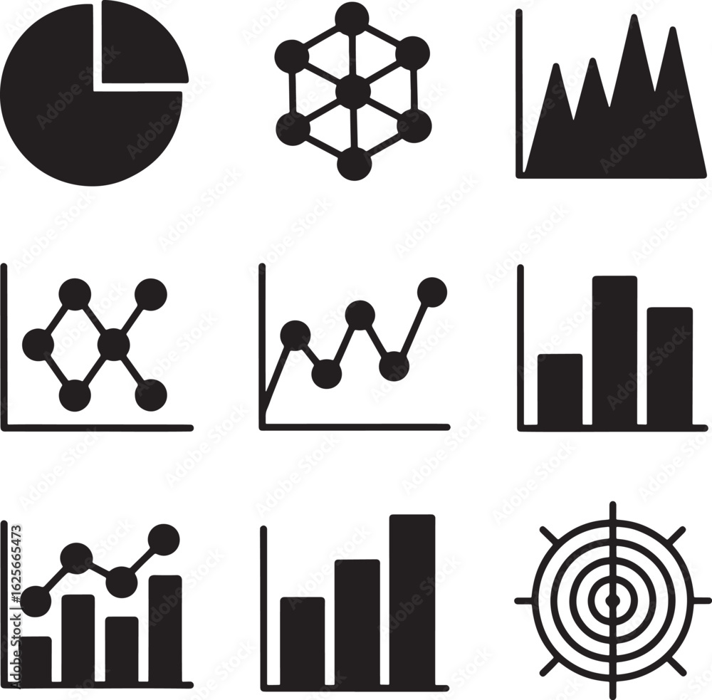 Fototapeta premium Collection of nine distinct black silhouette icons representing various data visualization charts and graphs for business analytics and reporting silhouette