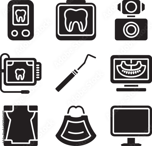 Collection of dental equipment icons in a clean black silhouette style on a light grey background representing dentistry and oral care