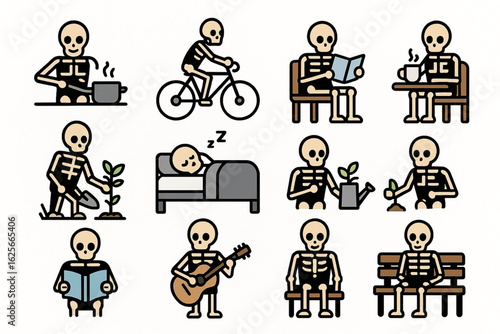 Día de Muertos Skeletons in Daily Life Coloring Icons, Flat Vector Set